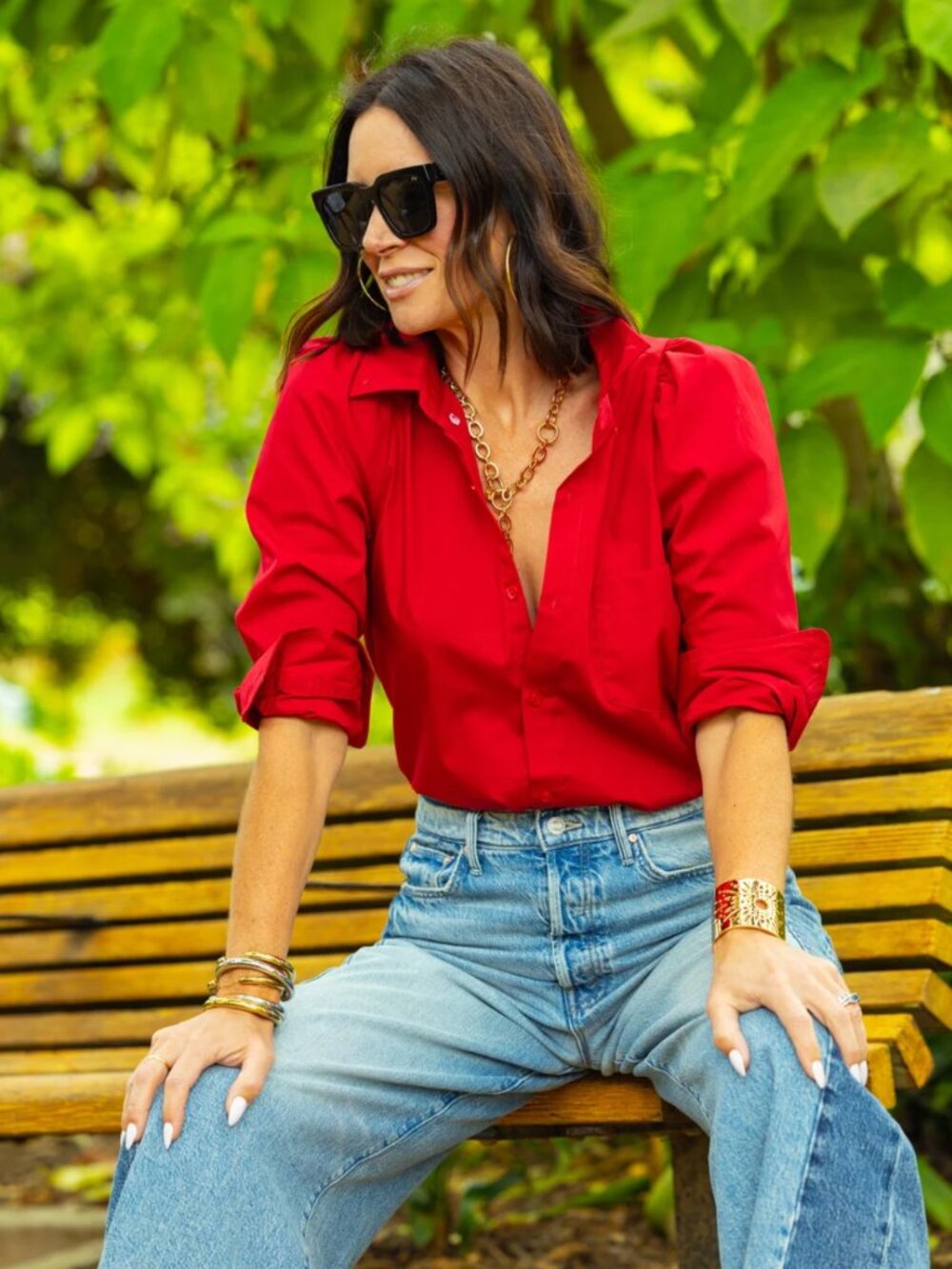 KMJ | Daisy Demi Fit Button Down in Red Sz M